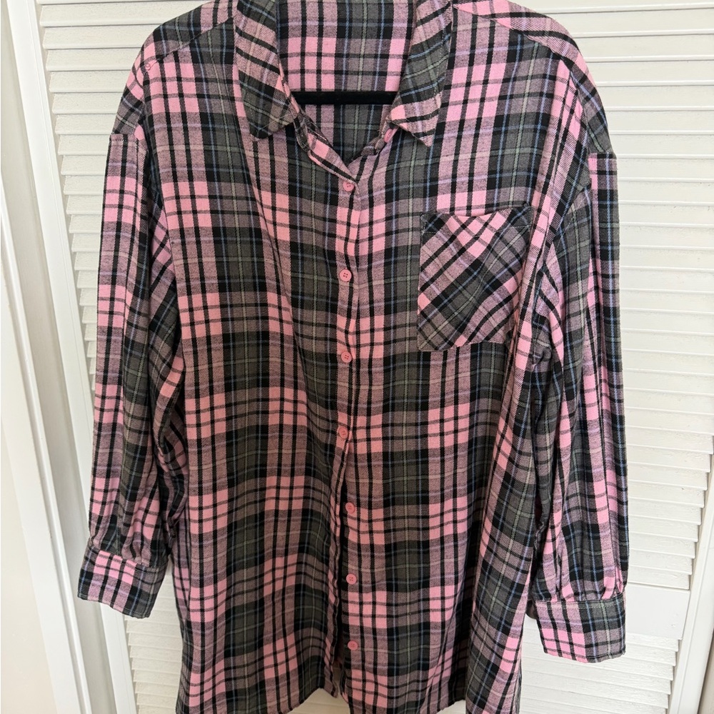 Pink and Black Plaid Button-Up Shirt